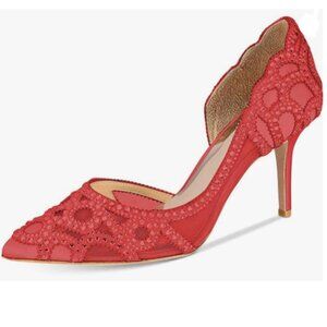 XYD Red Pointy Toe Crystal Studded Bridal Pumps High Heel D'Orsay Mesh Shoes